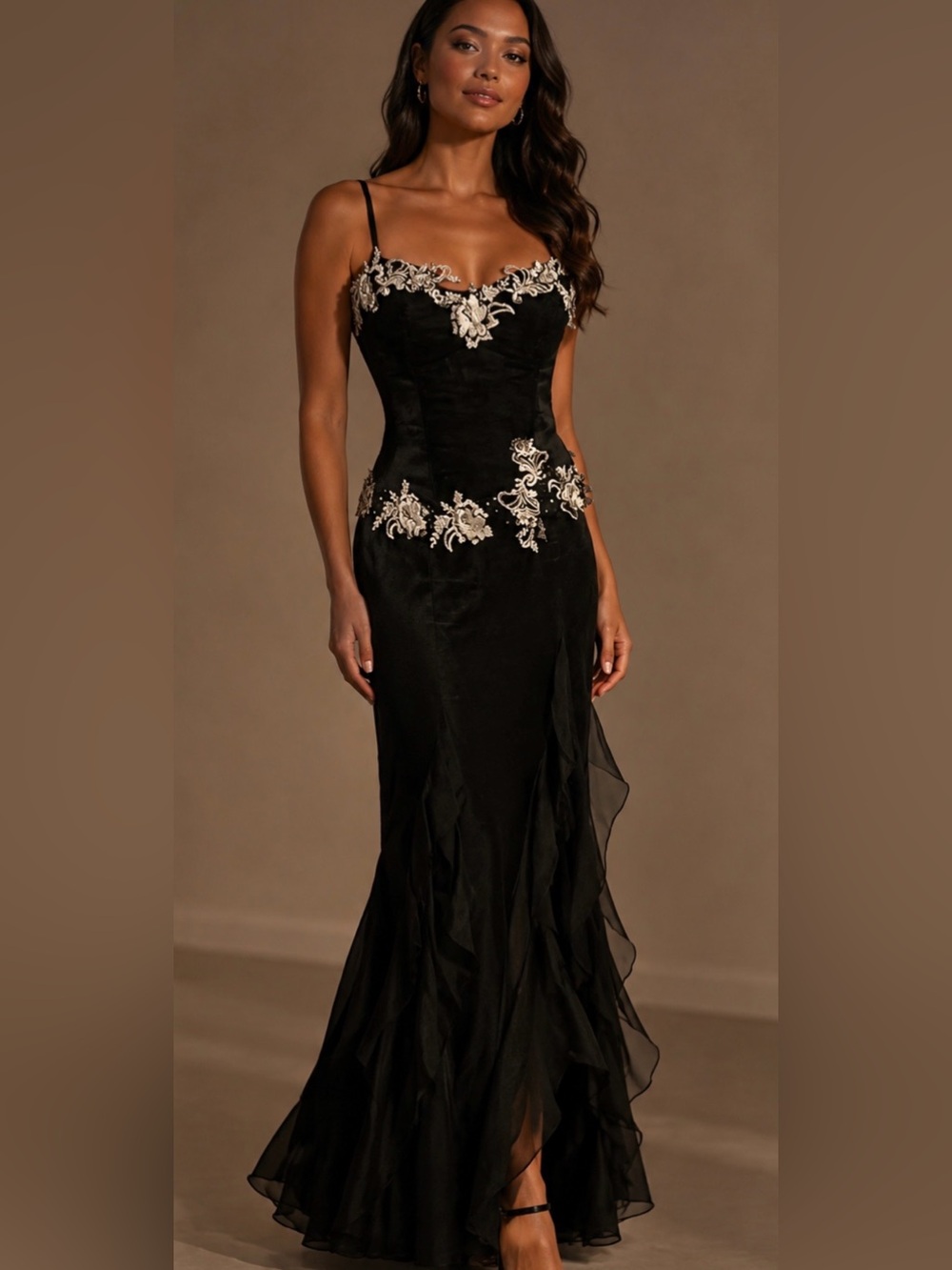 JOVANI 100% Silk Black 2-Piece Gown with Gold Floral Appliqué Accents